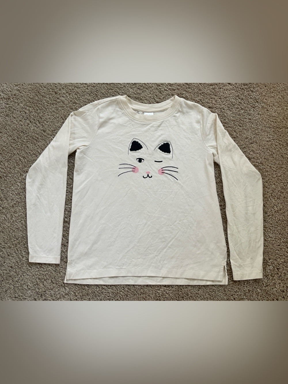 Hanna Andersson Cream Crewneck Long-Sleeve Cat Face & Ears t-shirt 14/16